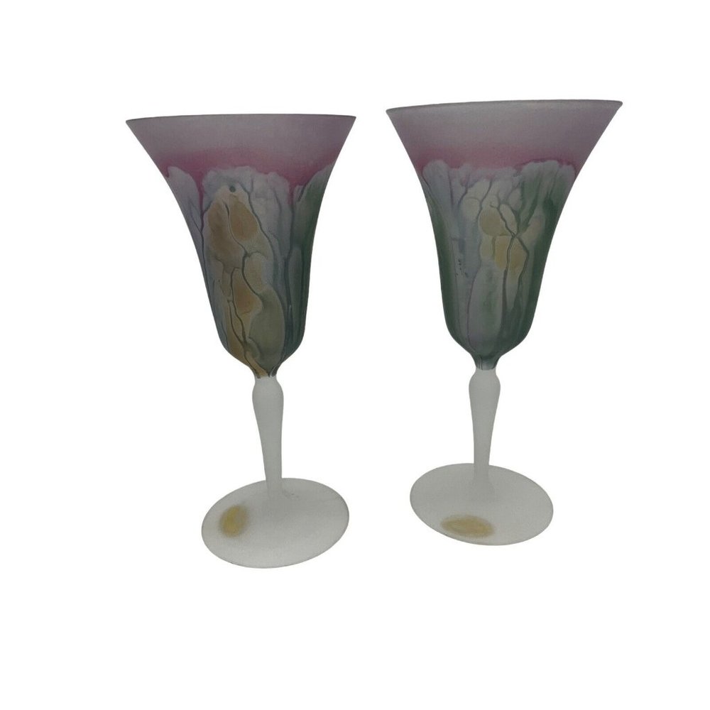 Nouveau Art Glass Hand Painted by RUEVEN Hard to Find Colorful Water Glasses